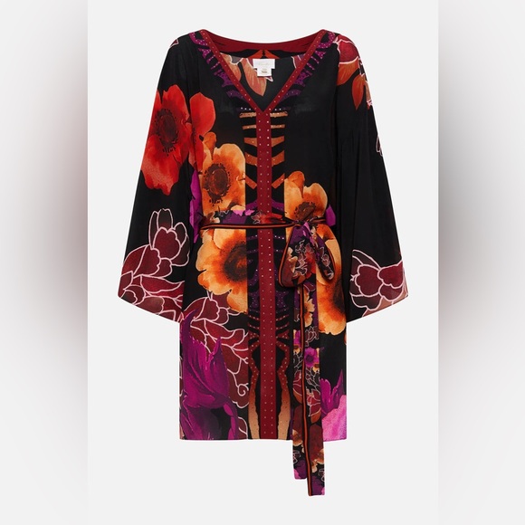CAMILLA “Midnight Poppy” black floral silk short boho kimono caftan OS no belt - Picture 2 of 11
